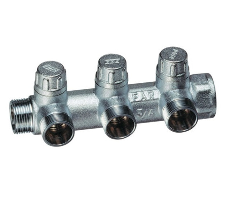 Коллектор хромированный Запорный проходной  (ВР-НР)  3/4" (М24х19) 3 отвода 3/4"- М24х19 ( 45 мм.)